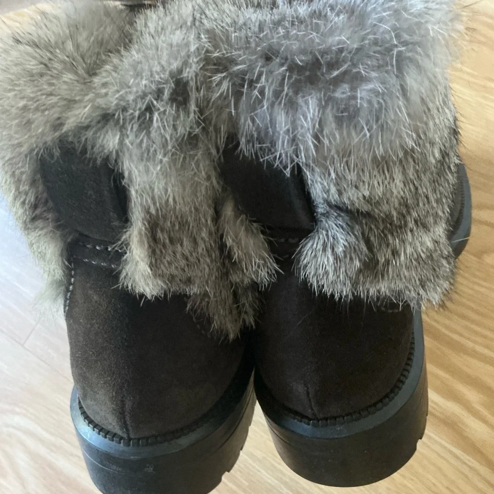 Aquatalia Lacy Suede Lace Up Combat Ankle Boots Dark Brown Rabbit Fur Trim 8.5